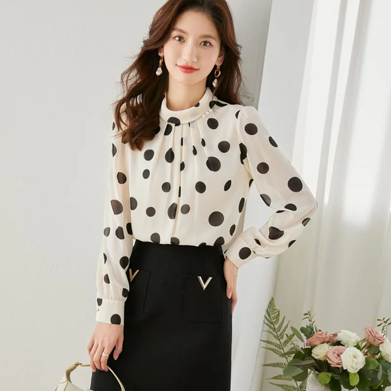 Fashion Printed Stand Collar Beading Polka Dot Chiffon Blouse Female Clothing 2023 Spring Autumn New Casual Tops Sweet Shirt