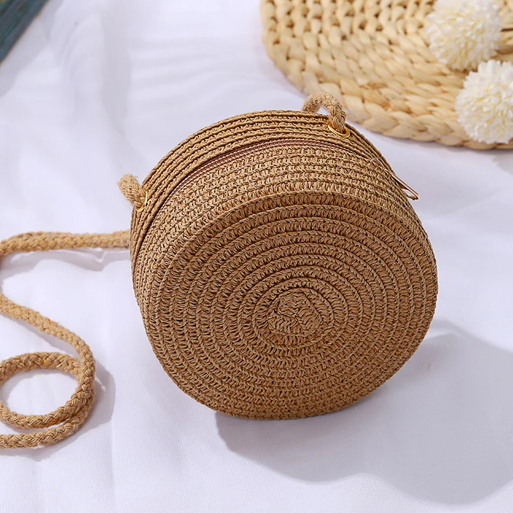 Minimalist handmade straw bag Round travel crossbody bag Casual small bag with coin purse Clothing accessories matching bag01