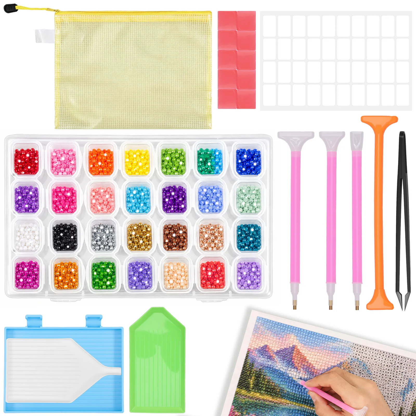 21 Piece Diamond Art Tool Kit with 28 Grids Storage Box and Zipper Bag Diamond Art Tool Practical Portable Diamond Art Tool Kit