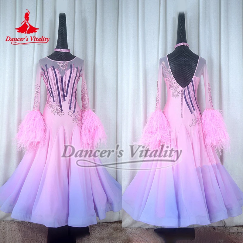Adult Pink-purple Gradient Color Social Dance Ostrich Feather Long Flared Sleeves Big Swing Dress for Female High-end Customized