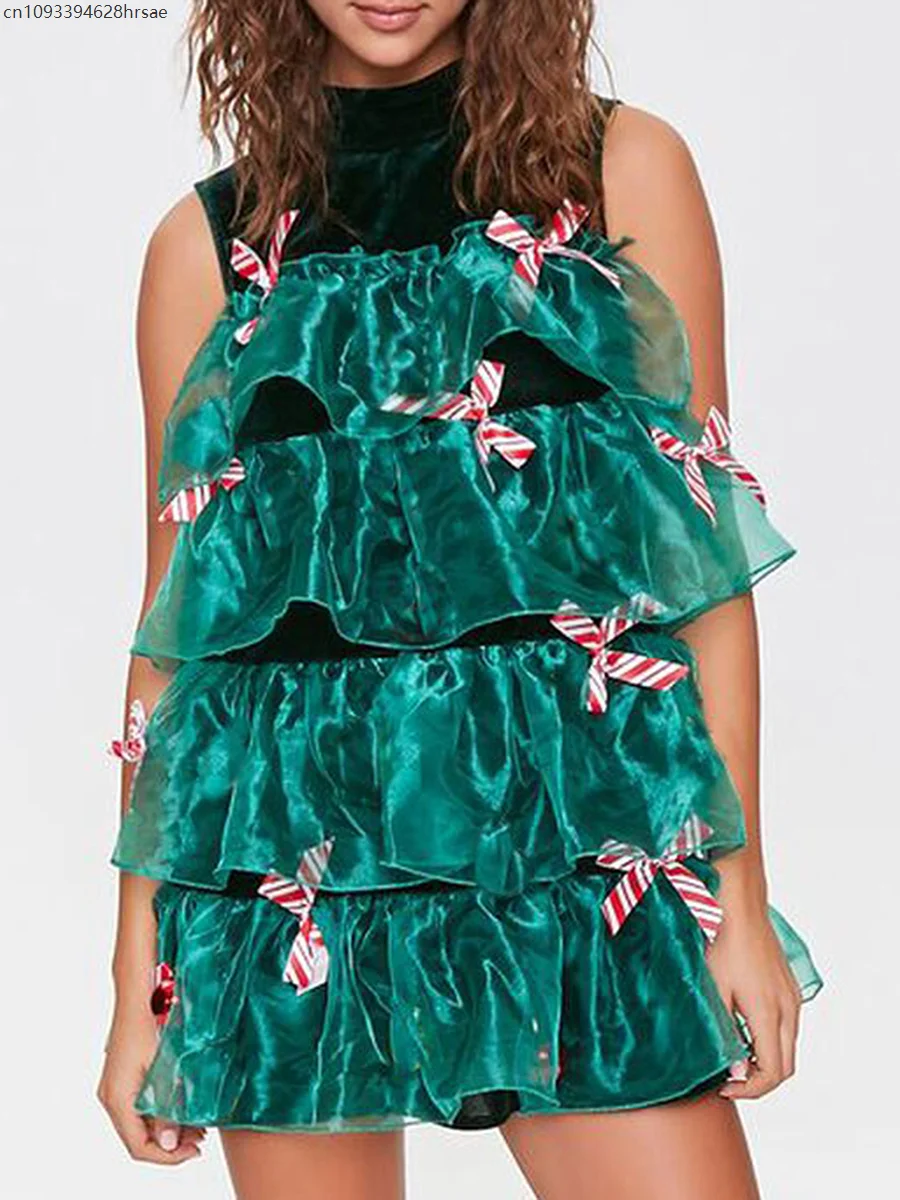 

New Women Christmas Tree Costume Dress Xmas Novelty Party Dress Mesh Layered Tutu Mini Dress Cosplay Dress up Outfits