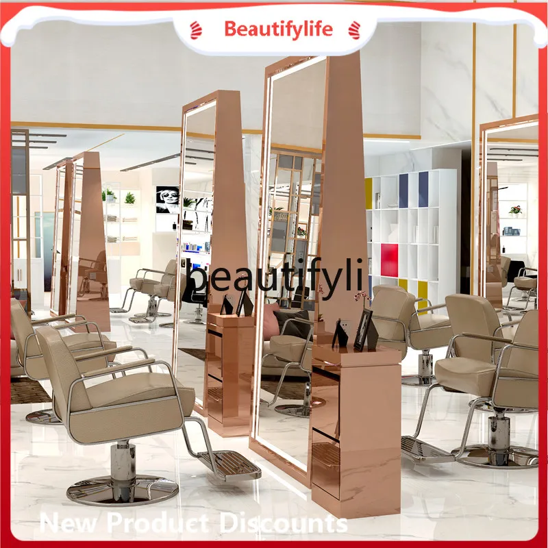 

J45 Double-sided perming single-sided stainless steel mirror hair salon integrated floor-standing lamp hanging mirror