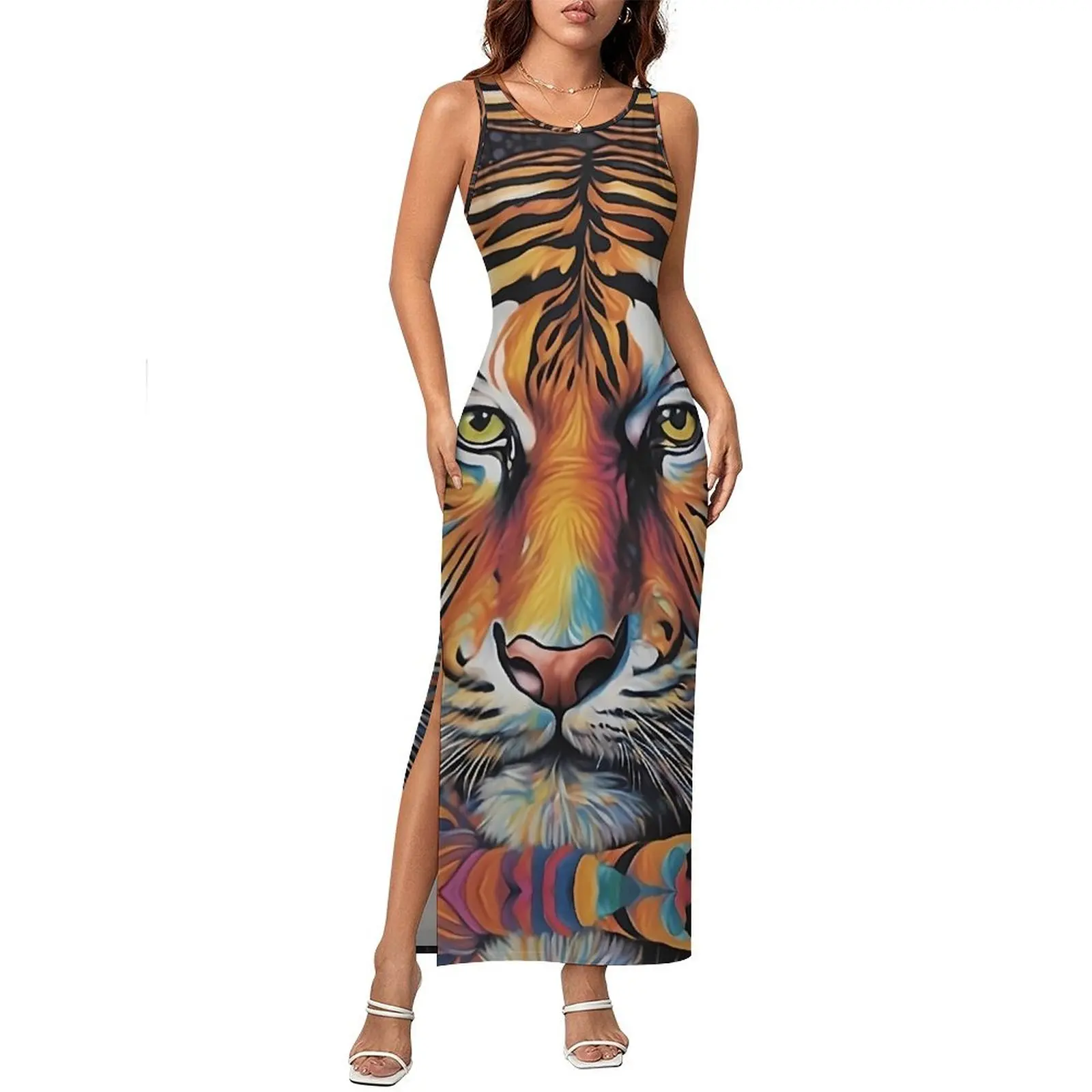 Ladies Majestic Prism Tiger Dress Colorful Animal Y2K Fashion Bodycon Dress Spring Retro Maxi Dresses Design Oversize Vestidos