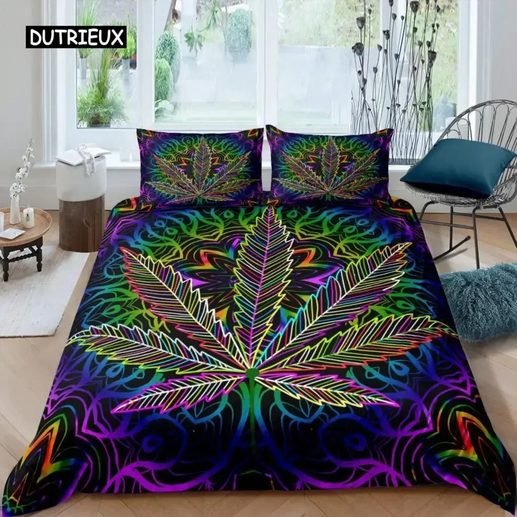 3D Print Marijuana Leaf Duvet Cover Cannabis Leaves Bedding Set Microfiber Weed Leaf Botanical Quilt Cover