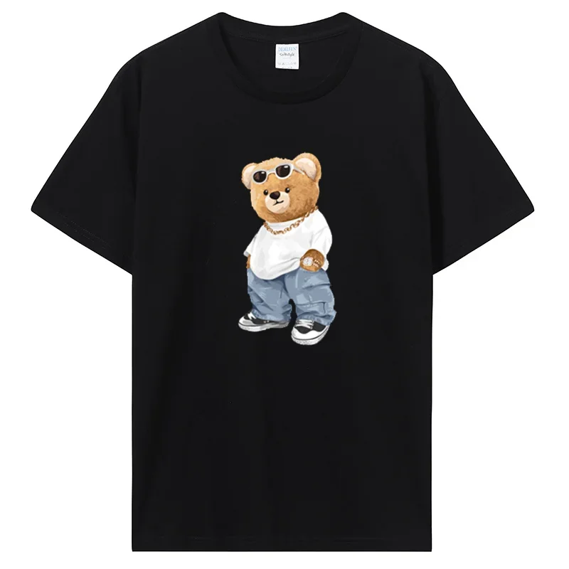 New heavyweight Cute Teddy Bear Print T-Shirt Cotton Tshirt Summer T Shirt Men And Women Streetwear Cartoon Fashion Tees Tops