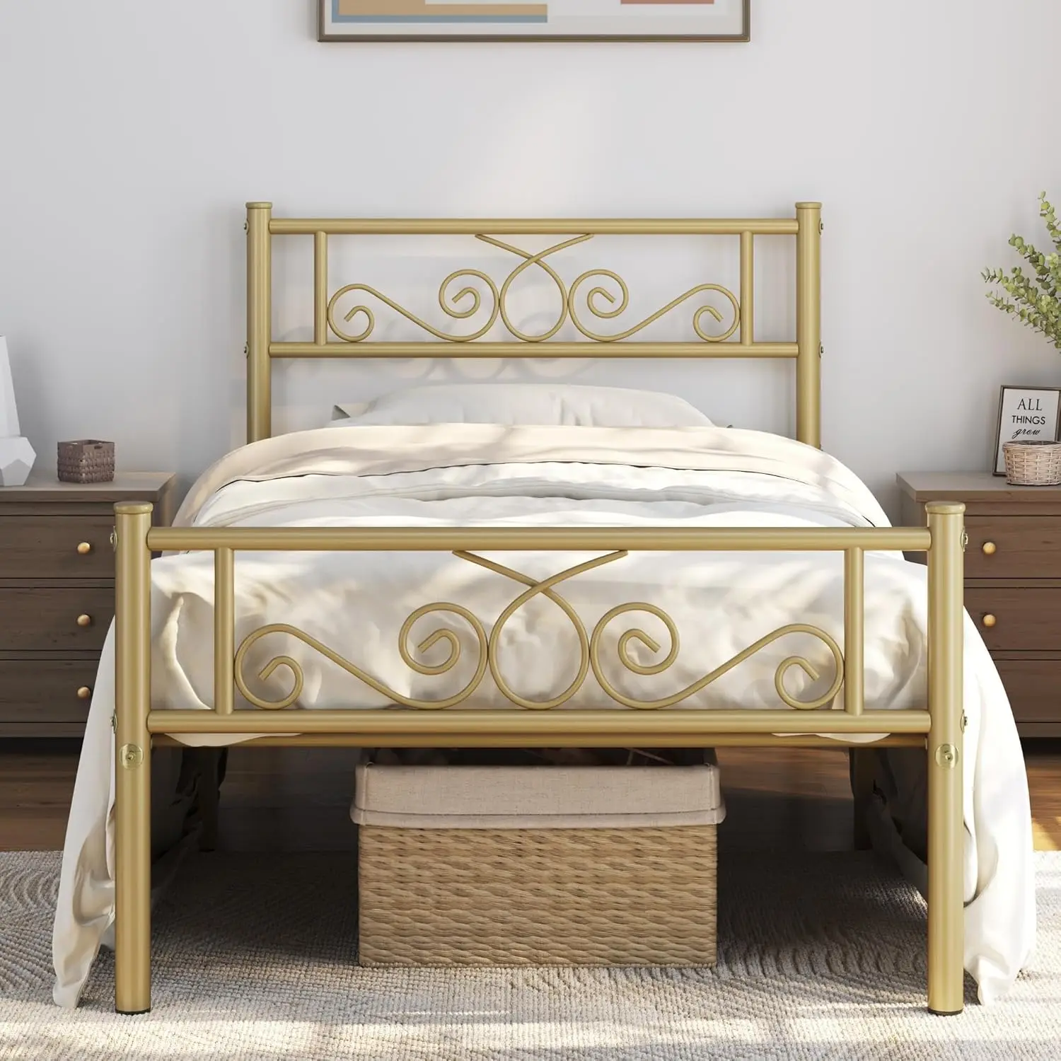 Scroll Design Iron Mattress Foundation Metal Platform Bed with Headboard for Bedrooms Guestrooms Dormitories Antique Gold