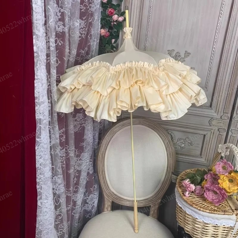 Vintage Lace Satin Pagoda Umbrella Long Handle Handmade Parasol Wedding Photo Prop