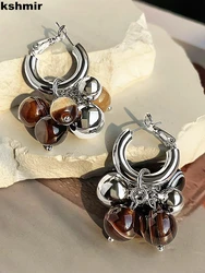 kshmir Europe and the United States natural round bead stone earrings for women fashion studs design high sense earrings