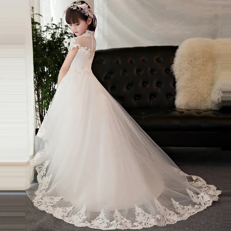 White Lace Ball Gown Girl Princess Dress Long Train Evening Gowns for First Communion Flower Girls Dress Tulle Pageant Gown D137