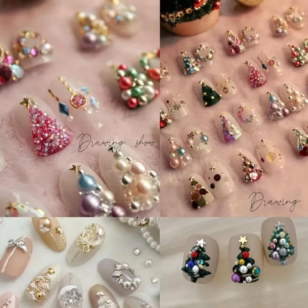 6/12칸 3D 크리스마스 혼합 사이즈 비즈 네일 참 크리스마스 컬러풀 펄 캐비어 비즈 네일 아트 장식 DIY 매니큐어 쥬얼리
