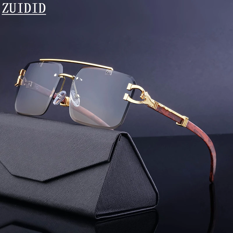 2023 Rimless Sunglasses For Men Vintage Sunglasses Women Luxury Fashion Glasses Square Wood Grain Shades Gafas De Sol Lentes Sun