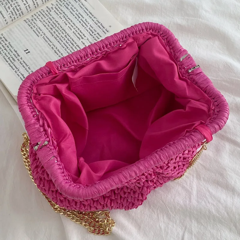 Summer Fashion Women Clip Clutch Bag Straw Weave Wallet Ladies Chain Shoulder Crossbody Bags Hot Pink Beach Bags Small Handbag