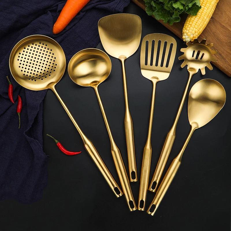 

6/7Pcs Golden Kitchen Utensils Set, Stainless Steel Cooking Tools Cookware Set - Turner Soup Ladle Strainer Pasta Server Spoon