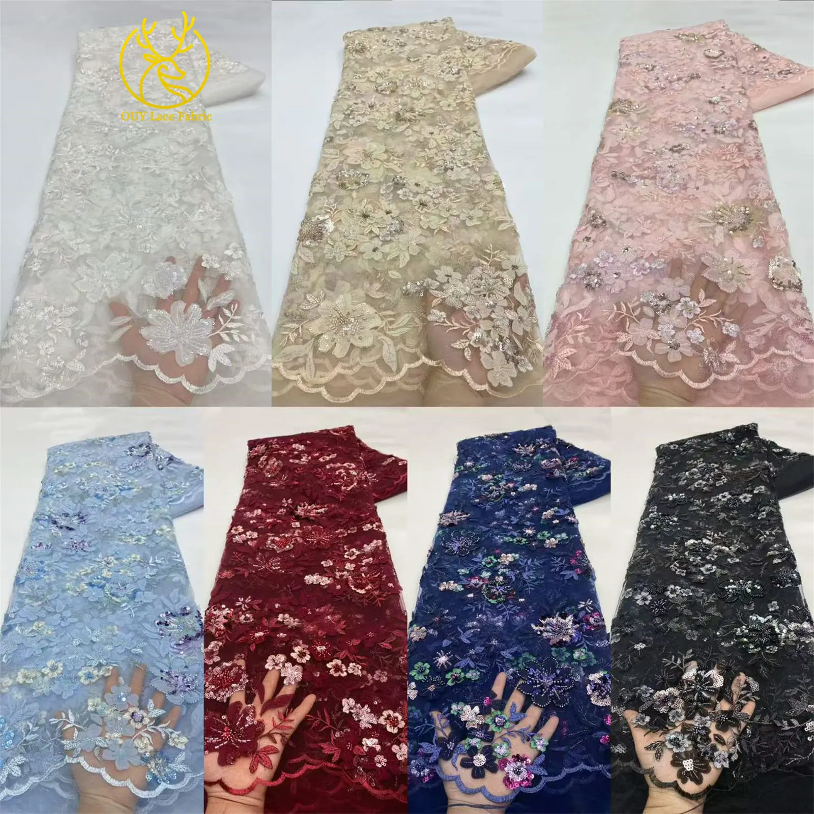 Eleganter Spitzenstoff mit Blumenstickerei und Pailletten, französischer Tüll mit Perlen, afrikanischer Spitzenstoff, nigerianische Spitze für Party- und Ballkleider – Detail 3