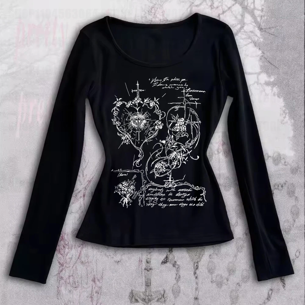 Camisetas con gráficos Grunge de hadas 2k para mujeres e-girls, camisetas góticas de manga larga, ropa Emo Vintage, ropa de calle Retro de los años 2000