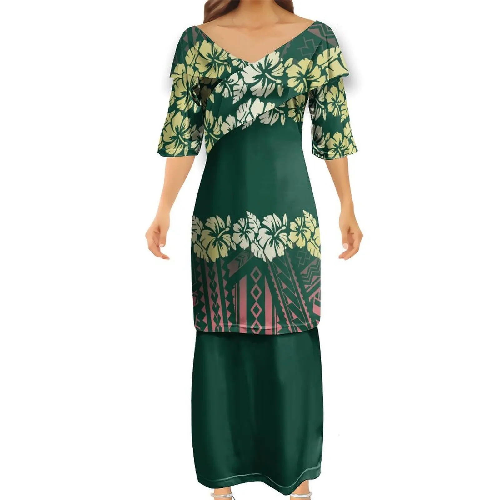 Samoa Women'S Dress Polynesian Puletasi Custom Summer Short Sleeve Ruffled Cross V-Neck Maxi Dress Quality Fabric 2024 New Model