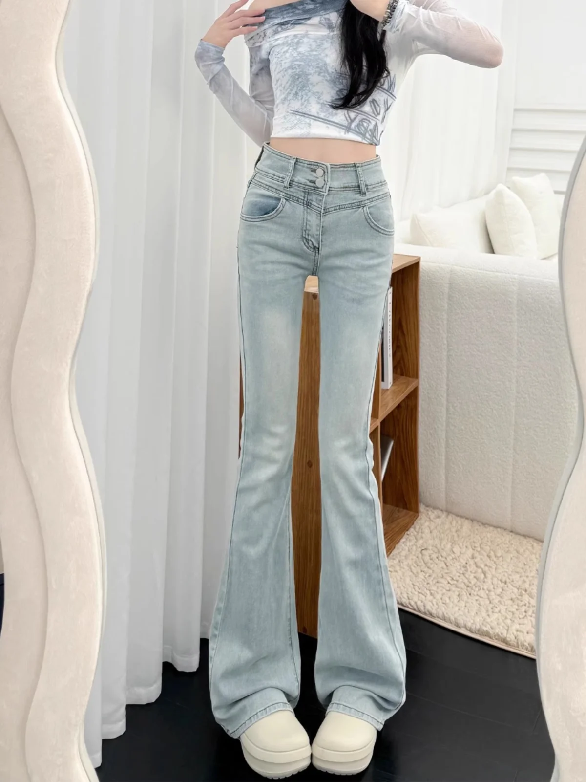 

High Waist Bell Bot Denim Jeans Women's Autumn Winter Large Size New Sle Knot Light Blue Slim Fit Long Trousers