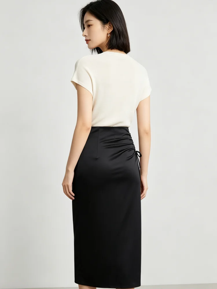 Women Midi Skirt Black Satin High Waist Ruched Drawstring Slim Pencil Skirt Elegant Office Party Casual Skirts