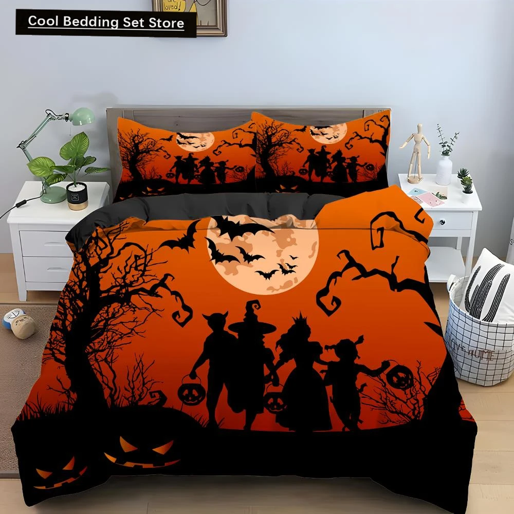 

Halloween Horror Pumpkin King Queen Duvet Cover Night Witch Bedding Set Bat Moon Quilt Cover 2/3pcs Polyester Comforter Cover