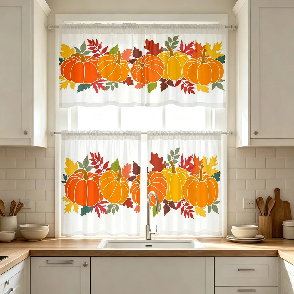 Thanksgiving Fall Kitchen Curtains, Colorful Pumpkin, Digital Print, Kitchen Dining Room, Rod Pocket Polyester, Home Decor