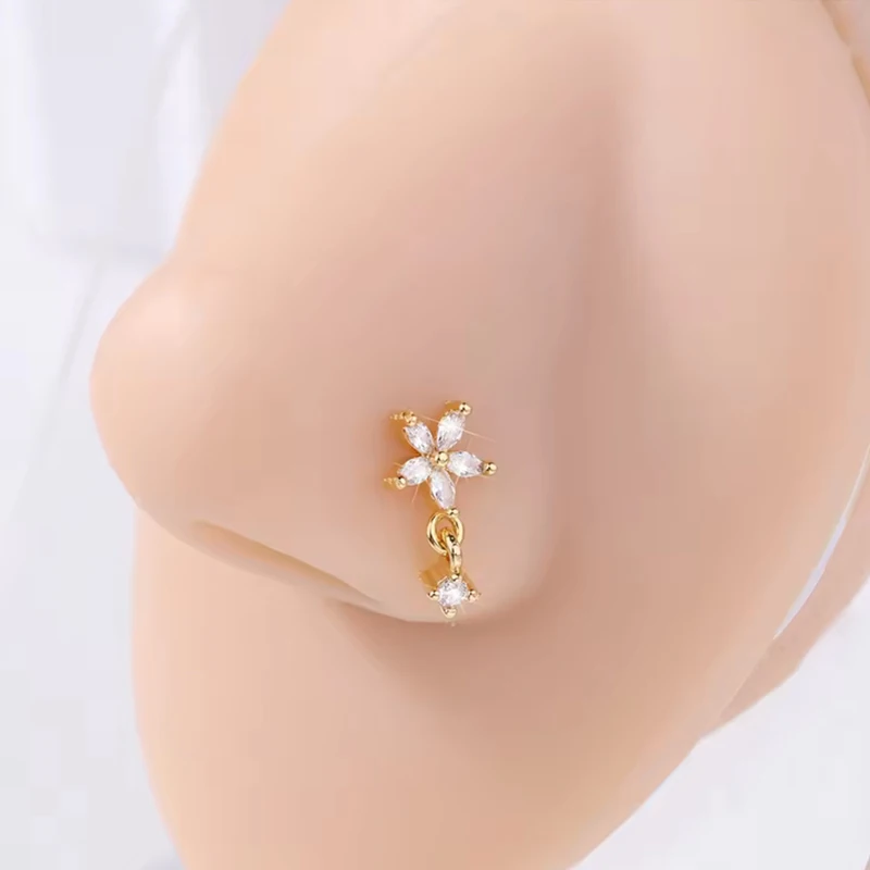 1 L-förmiger Nasenring mit fünfblütigem Blumenanhänger | Edelstahl, hypoallergen, Goldstahl, Y2k-Stil – Detail 6