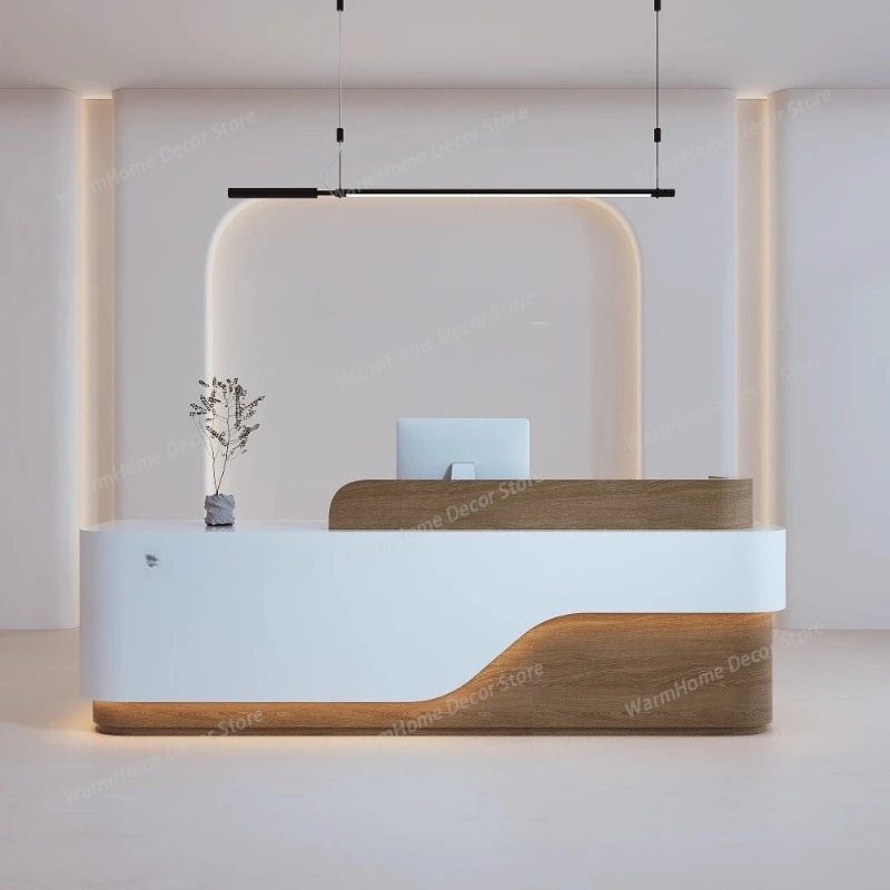 

Beauty Shop Reception Desks Unique White Wood Industrial Reception Desks Led Lights Nail Comptoire Accueil Commercial Furniture