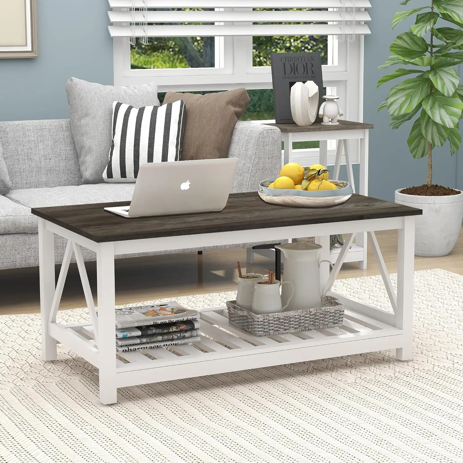 

Farmhouse Coffee Table for Living Room, 2-Tier Rectangular Wooden Centre Cocktail Table with Slats Shelf Storage and V-Shaped