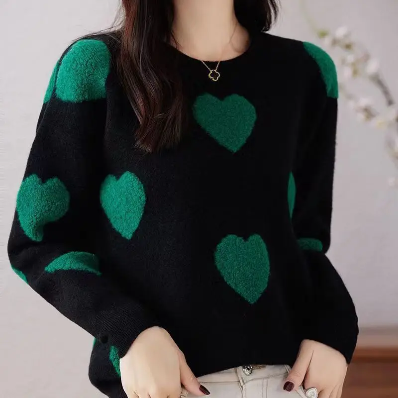 Fashion New Autumn/Winter Love Sweater Women\'s 2024O Neck Patchwork Embroidered Loose Casual Versatile Long Sleeve Knitted Tops