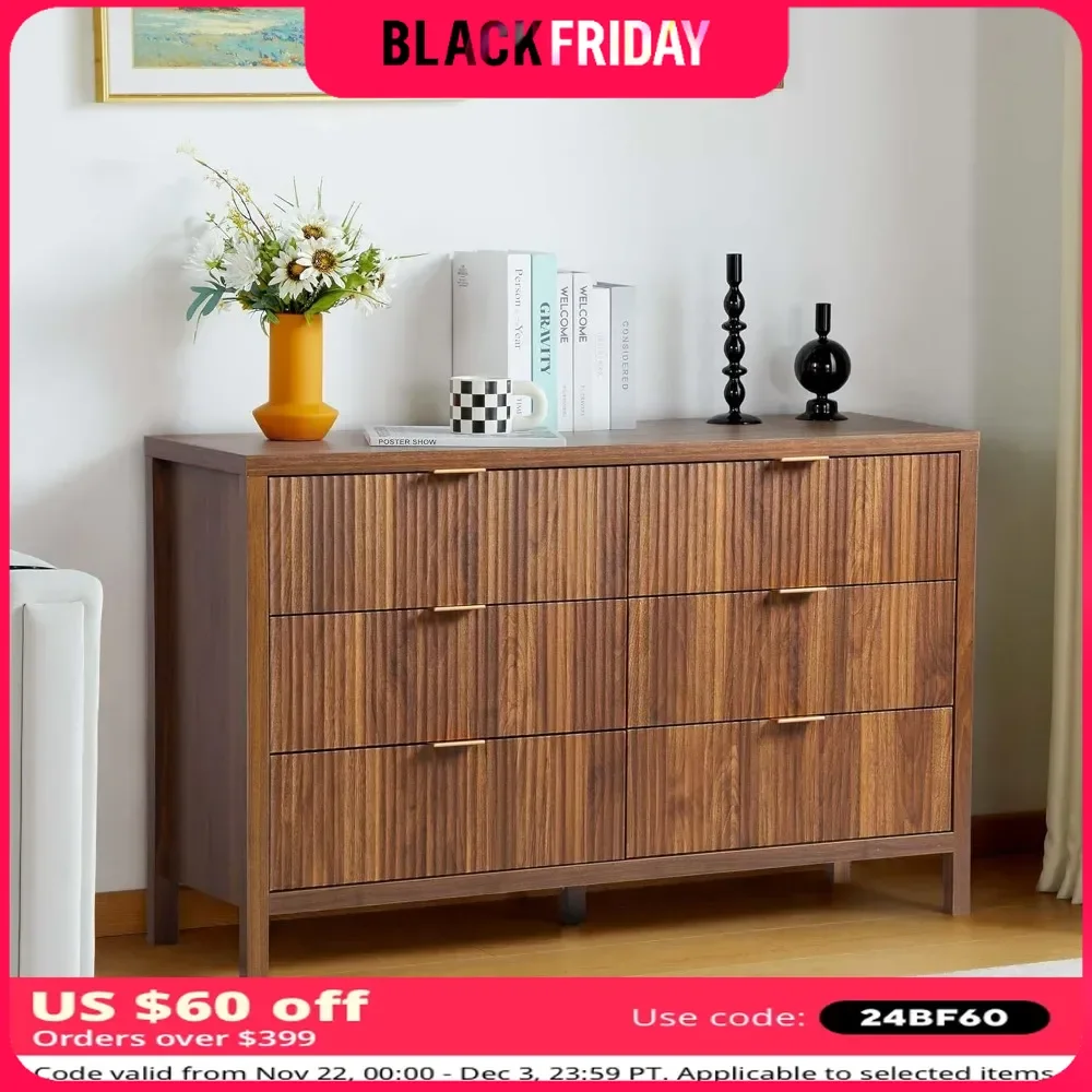 6 Drawer Double Dresser for Bedroom, Modern Closet Dressers Chest of Drawers with Fluted Panel, Wide Wood Storage Dresser