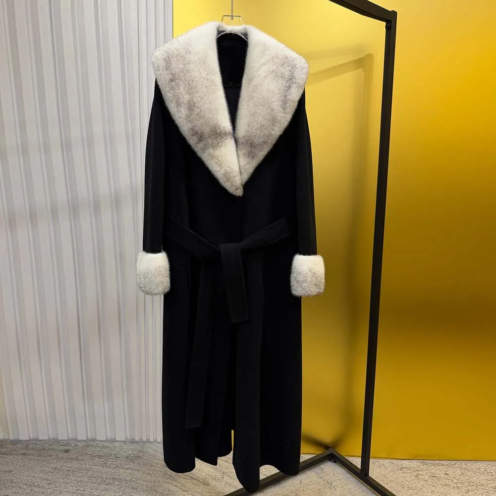 

New Autumn Winter Wool Coat Women Real Mink Fur Jacket Female Long Warm Natural Mink Fur Collar Fur Cuffs Coat Woolen Coat