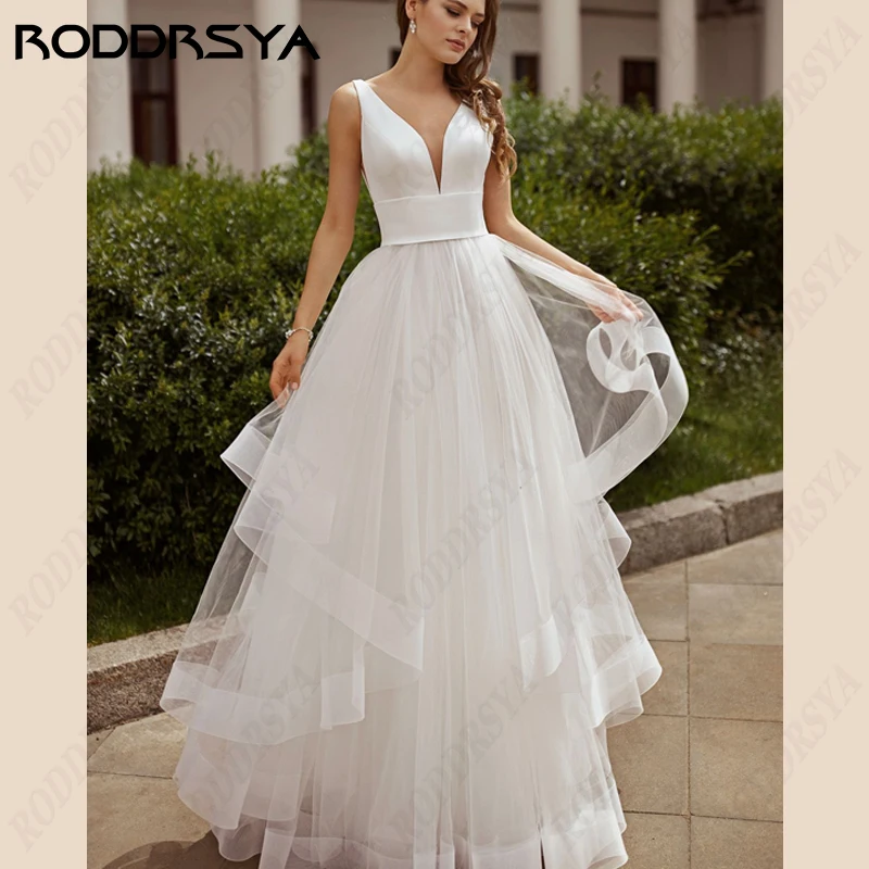 RODDRSYA-Robe de mariée dos nu à bretelles spaghetti, robe de patients en fibtulle, col en V, robe A-Line Beach Bride PartyRobe de mariée dos nu à bretelles spaghetti, robe de patients en fibtulle, col en V, robe A-Lin