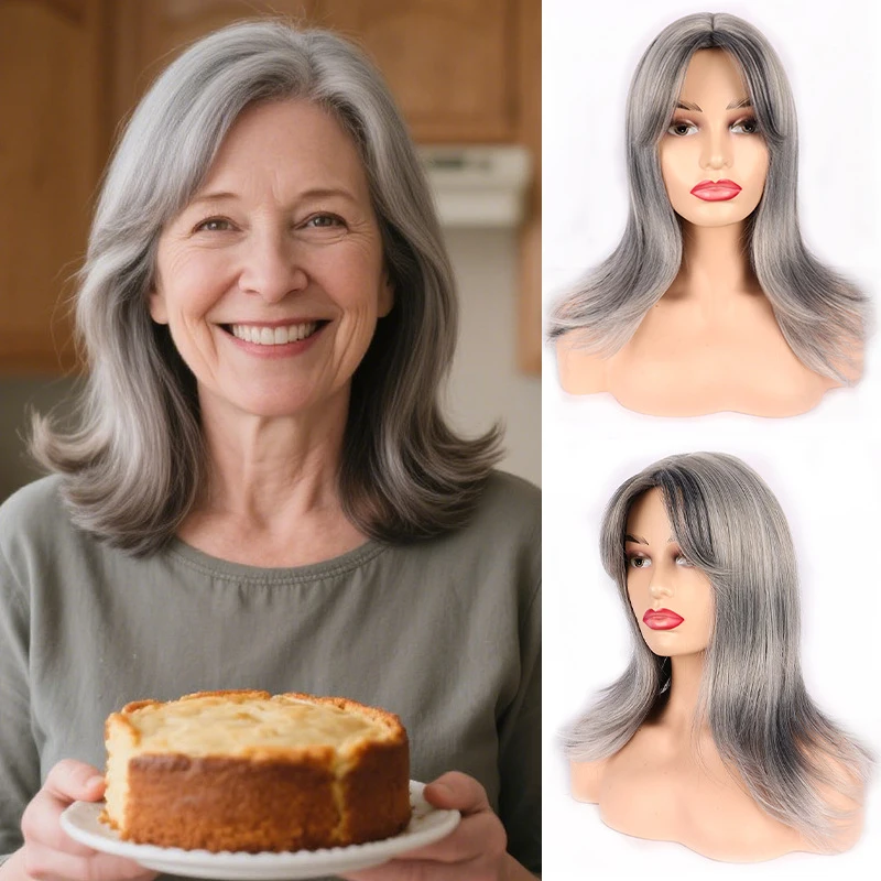 

European and American style women's wig, long straight hair with outwardly flipped middle-parted bangs, granny gray, fashionable