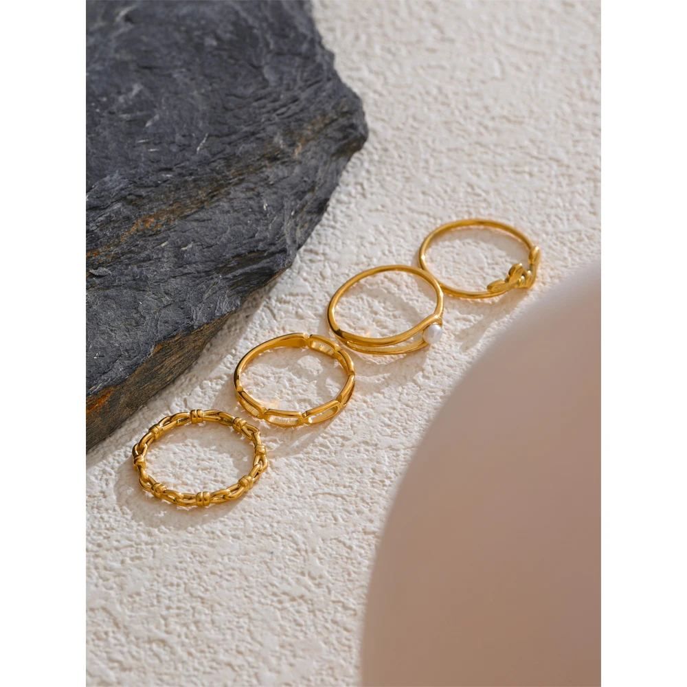 Yhpup Stainless Steel Natural Pearl Chain Geometric Stackable Thin Ring 18K Gold Color Minimalist Finger Jewelry Wholesale Gift
