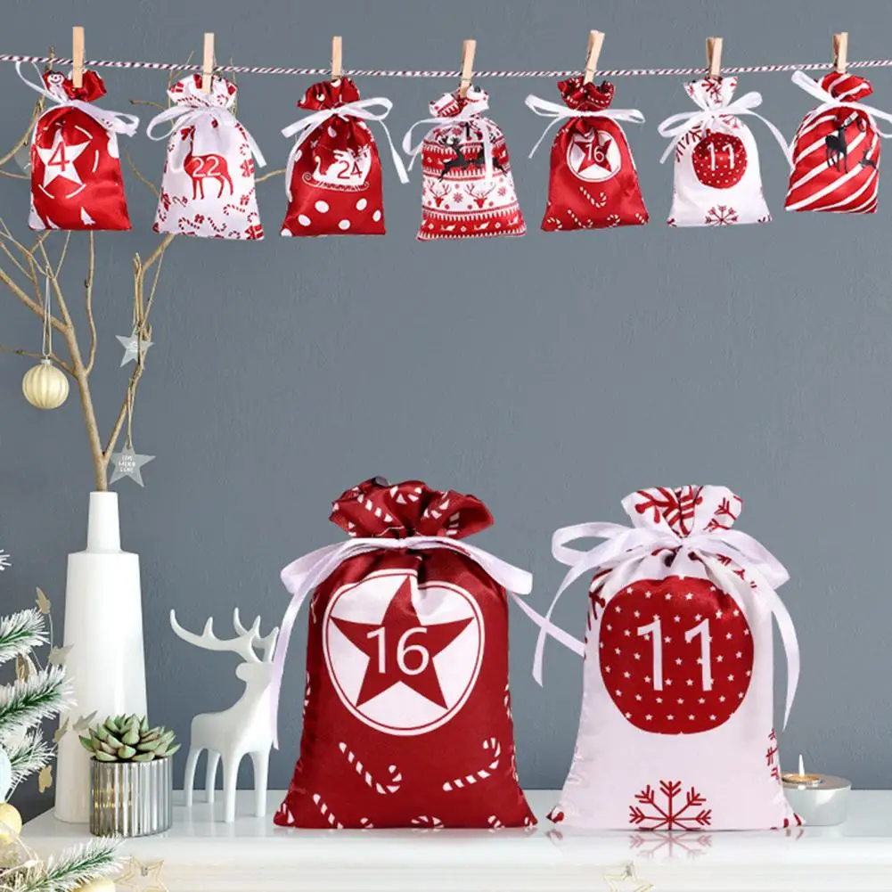 1 Set Christmas Advent Gift Bag  Practical Color Matching Christmas Advent Gift Bag  Different Pattern Xmas Advent Gift Bag