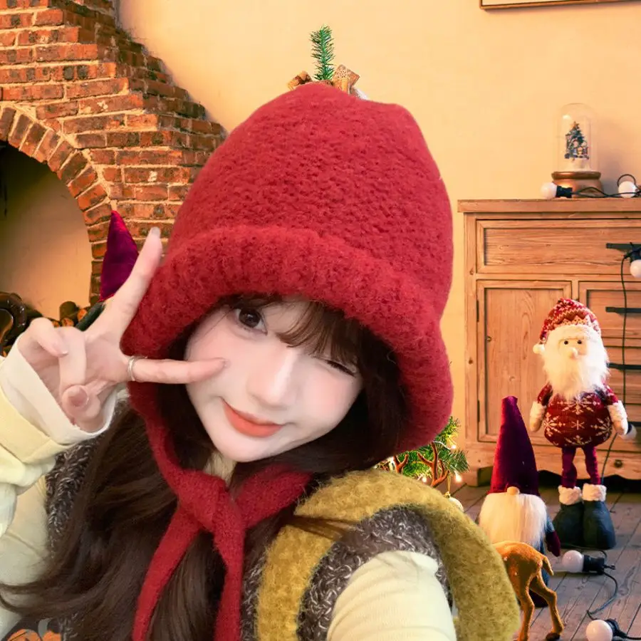 

Y2K Winter Knitted Beanies Women Warm Woolen Japanese Knit Hat Pile Caps Ear Protection Tie Pullover Hat Gorro Bonnet