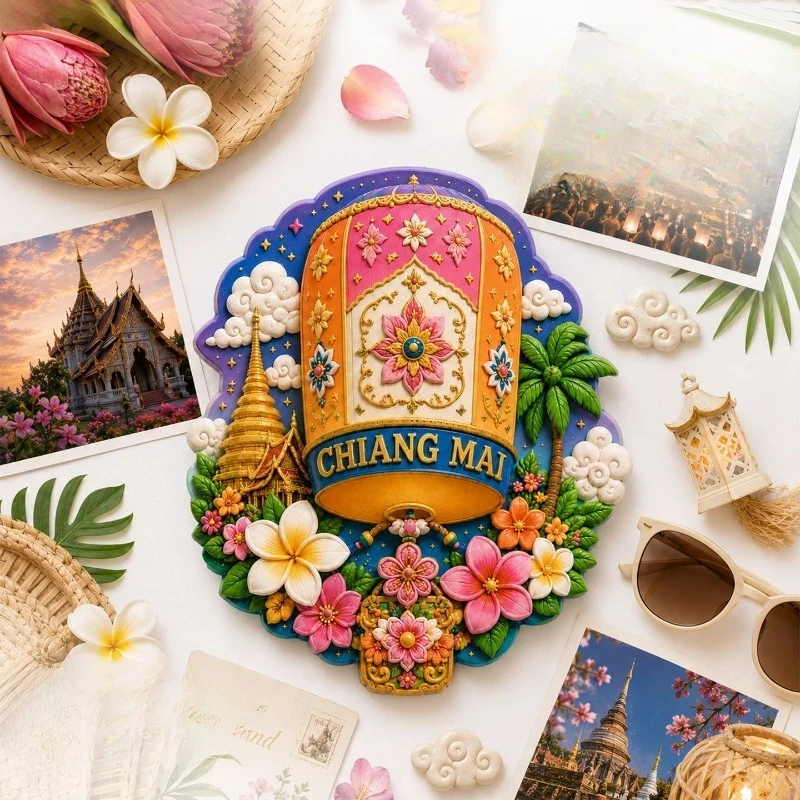 Chiang Mai Lanterns Flowers Fridge Magnet - Magical 3D Thai Souvenir Unique Southeast Asian Gift for Travel & Festive Decor