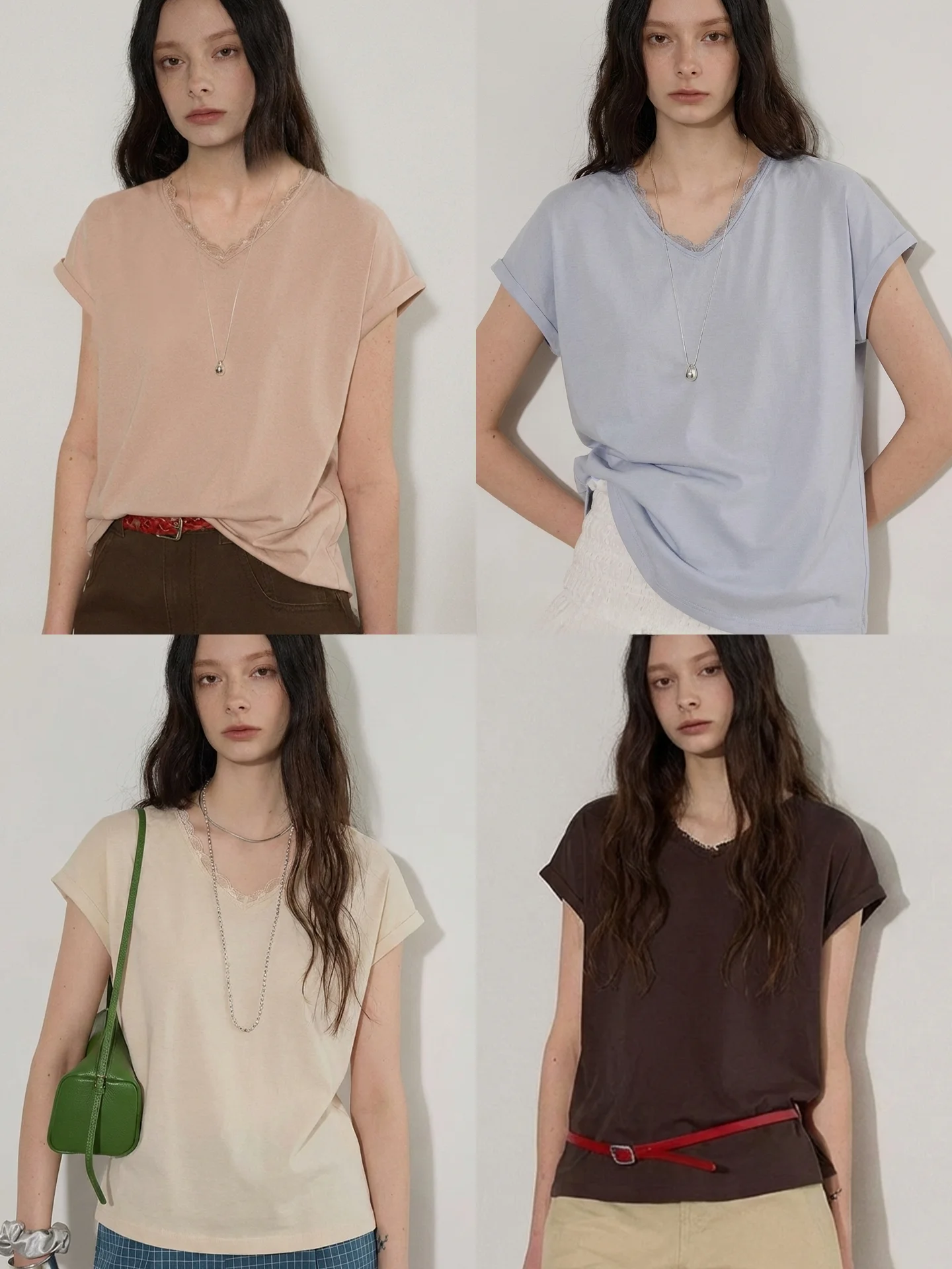 

Женская летняя футболка Lofi Choose Pure Color с кружевной отделкой и V-образным вырезом, с короткими рукавами, мягкая, приятная для кожи, универсальная.