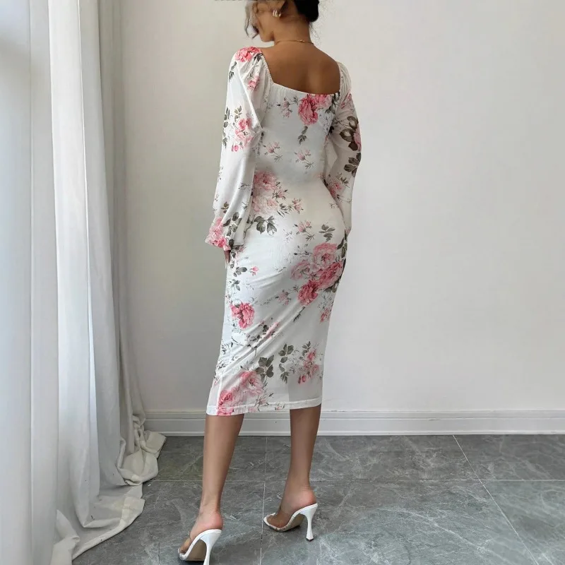 NUOVO elegante abito con stampa floreale autunno 2025 nuovo abito bianco sexy da donna con gonna a tubino in vita con volant e collo quadrato in chiffon