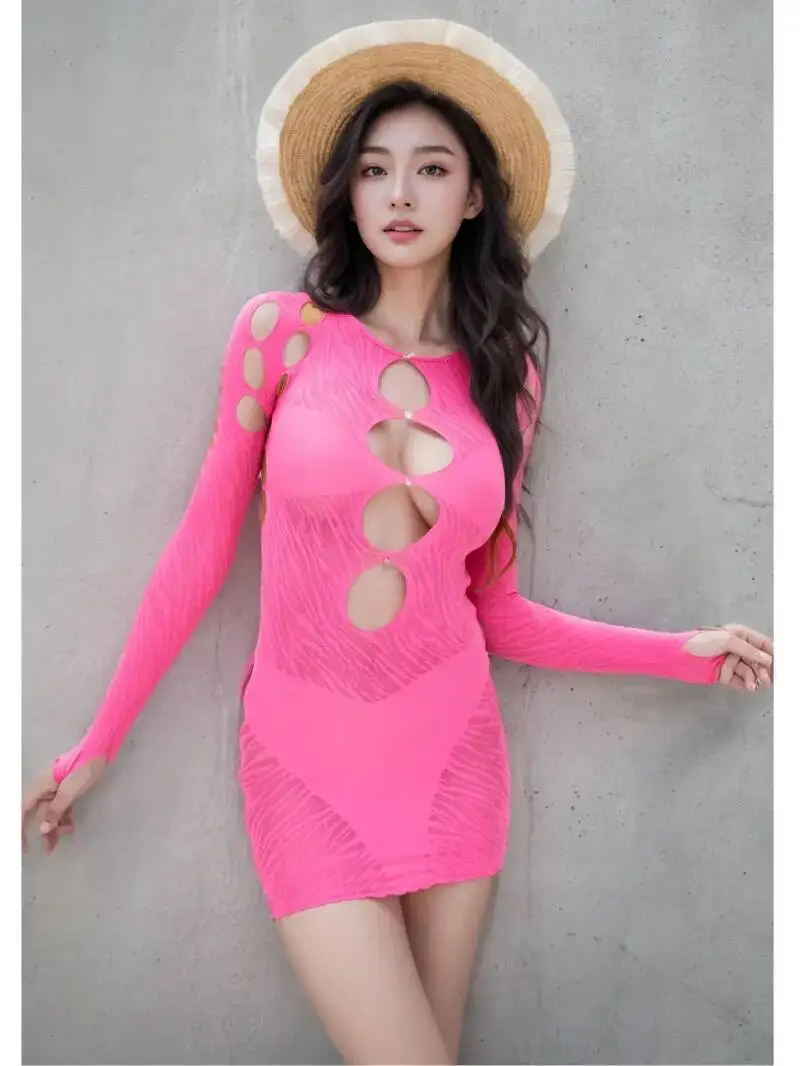 Nuevo caliente diamante Sexy malla encaje pura tentación uniforme caliente diamante bolsa cadera Mini vestido rojo rosa vestido elegante Kroean Tops IOC8