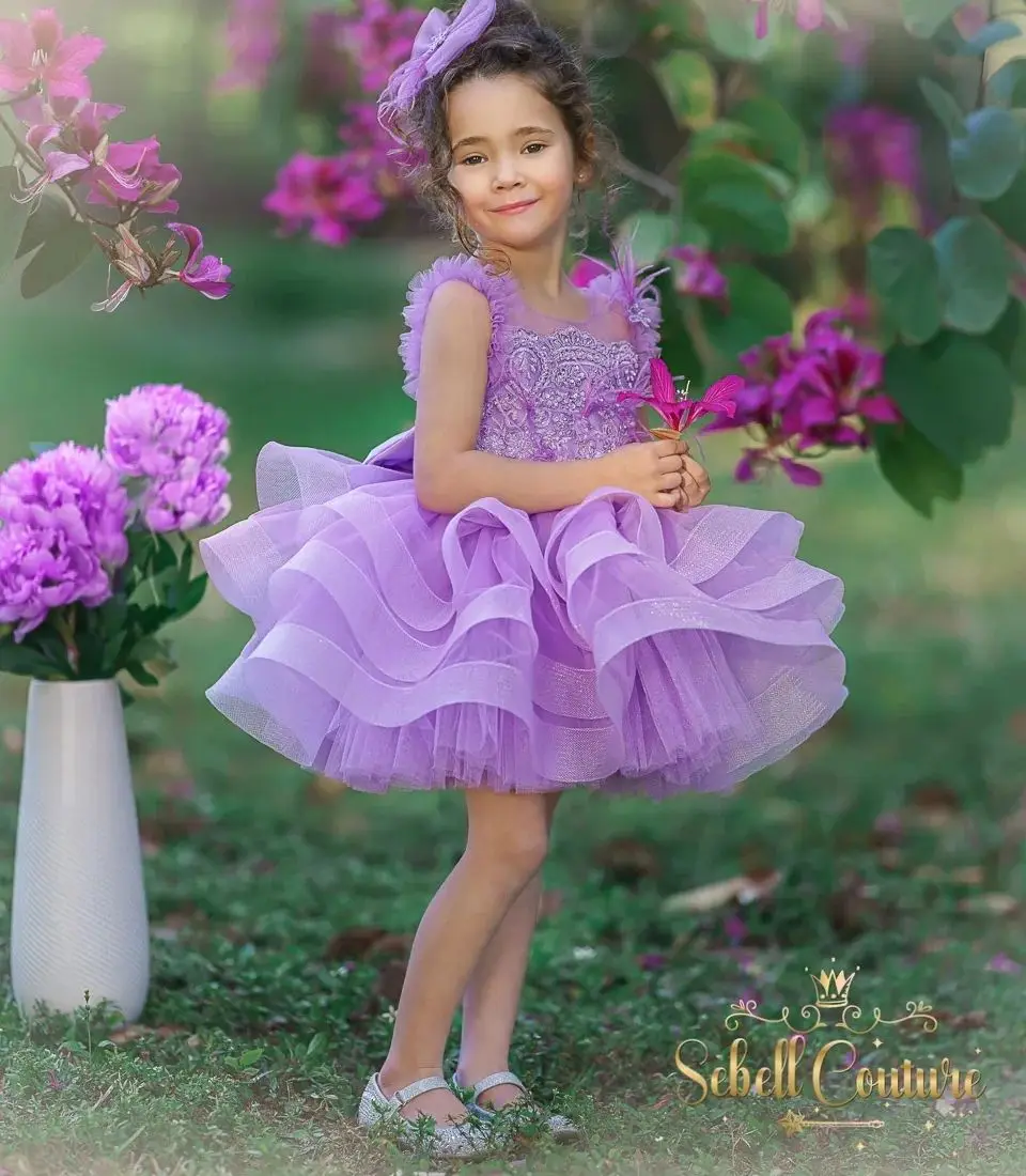 Lavender Ball Gown Flower Girl Dresses Feathers Tiered Ruffles Kids Birthday Gowns Bows Little Girl Photoshoot Pageant Gowns