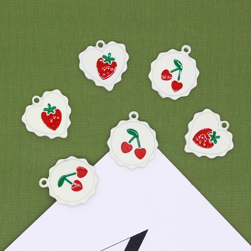 10pcs/pack Sweet Enamel Strawberry Cherry Heart Charms Simple Cute Flower Earring Bracelet Small Pendants DIY For Jewelry Make