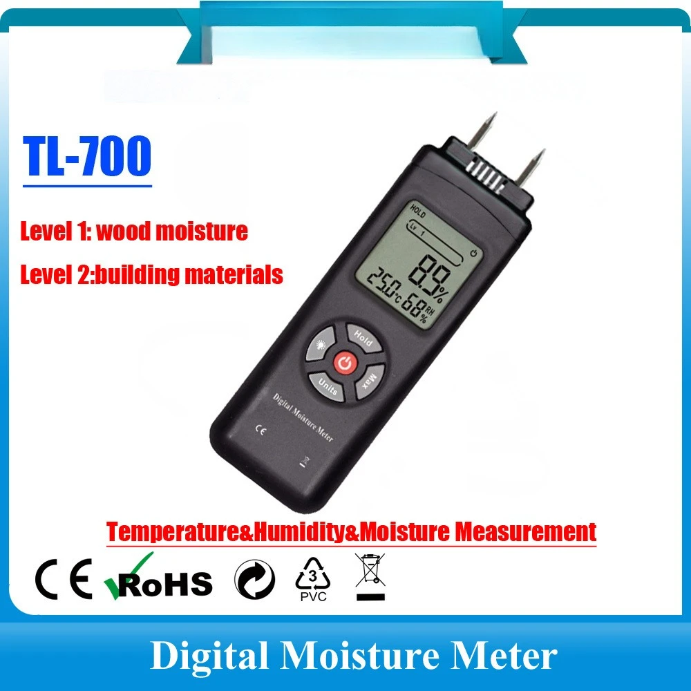 TL-700 3-in-1 Pin-type Wood Moisture Tester for Building Materials with Backlit Display Temperature and Humidity Measurement