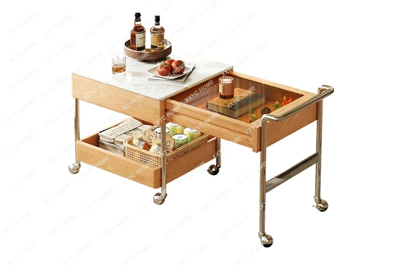 

Movable solid wood coffee table retractable small apartment Japanese trolley tea table tea table