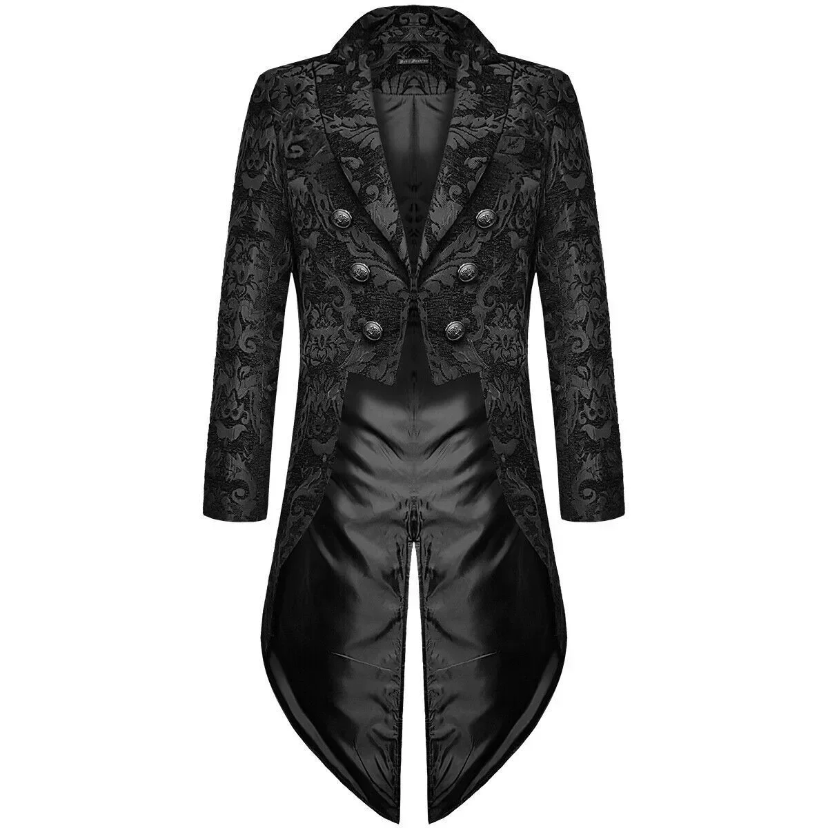 Mens Black Gothic Jacquard Tailcoat Halloween Stage Show Costumes Men Medieval Irregular Hem Steampunk Victorian Tailcoat Jacket