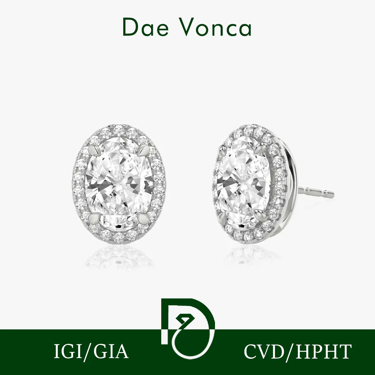 

Vintage Inspired Halo Stud Earrings Metal PT950/14K/18K White Gold IGI Certified Lab Grown Diamond Oval Center