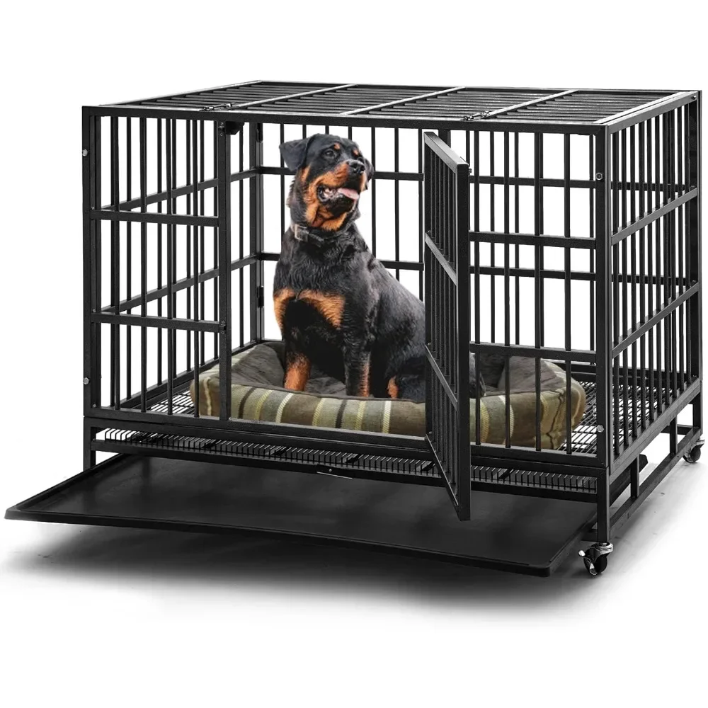 48 inch Heavy Duty Indestructible Dog Crate Steel Escape Proof, Indoor Double Door High Anxiety Cage, Kennel with Wheels