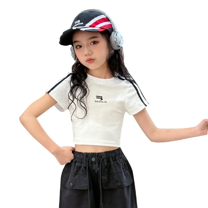 New Summer Black white 95% Cotton American Hot Girls short t-shirt korean streetwear kids top tee clothes vetement enfant fille