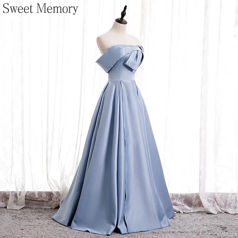 O146 Sweet Memory Strapless Blue Dress Satin Formal Occasion Dresses Women Party Wedding Evening Gown Bespoke Occasion Dresse