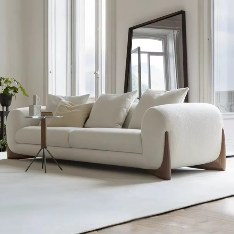 

White Living Room Lounge 2 Seater Sofa Sectional Couch Lambswool Fabric Scandinavian Upholstered Sofas With Solid Wood Legs
