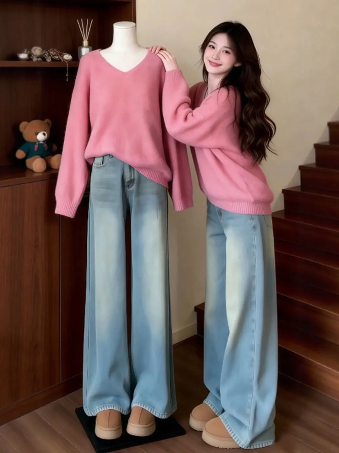 

Trendy Soft Sle V-Ne Loose Long Sve Sweater Spring Faionable Casual Wear for Women Youthful Ele Ci Walk